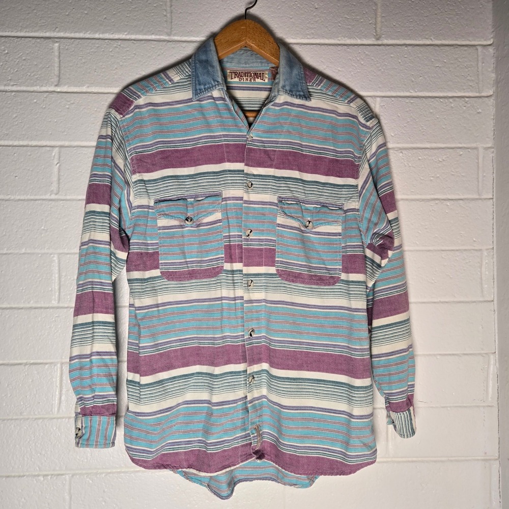 Vtg Traditional Diner Striped Button Shirt Men Medium Denim Collar 80s 90s Retro